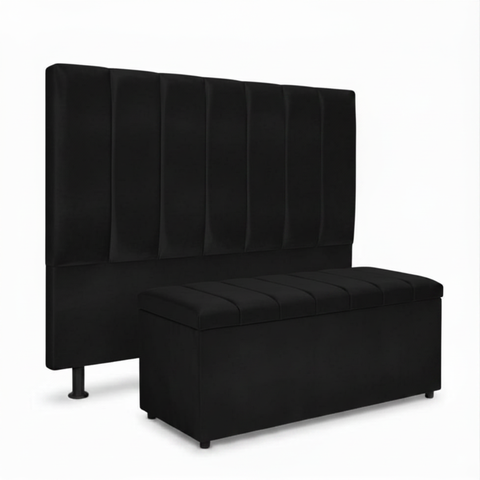 Kit Cabeceira e Calçadeira Baú Carla Casal 140 Cm - Veludo Preto