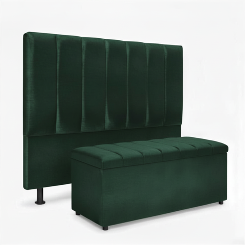 Kit Cabeceira e Calçadeira Baú Carla Casal 140 Cm - Veludo Verde
