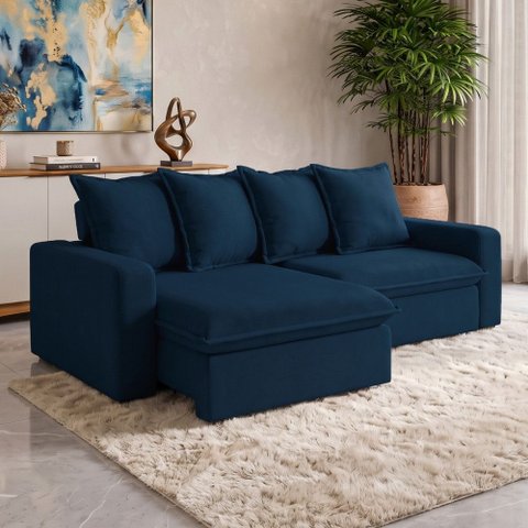 Sofá Retrátil Reclinável para Sala de Estar Living 215cm Vêneto F04 Veludo Azul - Lyam Decor