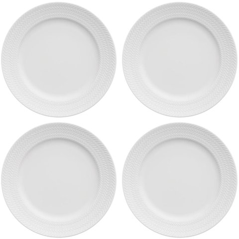 Jogo 4 Pratos em Porcelana Rasos 26,5cm Germer Chevron Redondo Branco Relevo