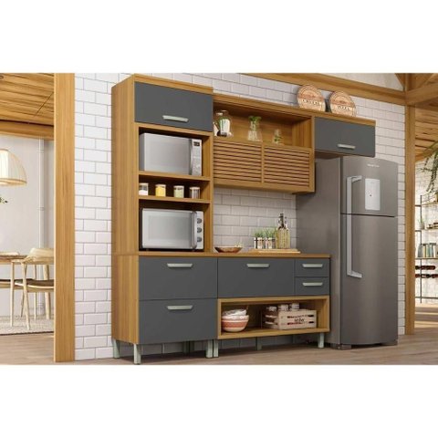 Kit Cozinha Modulada 3 Peças Princesa 1 Aéreo + Balcão + 1 Paneleiro C6p63 Freijó Grafite