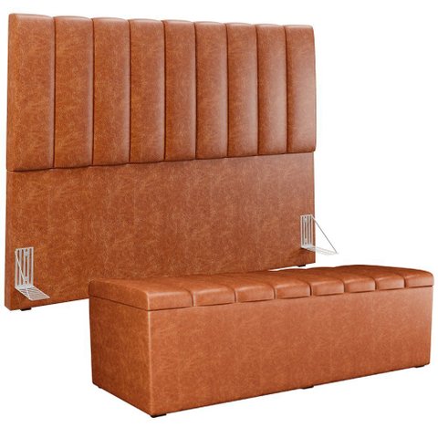 Kit Cabeceira Cama Box Queen 160cm Calçadeira Baú Dália W01 Couríssimo Camel - Lyam Decor