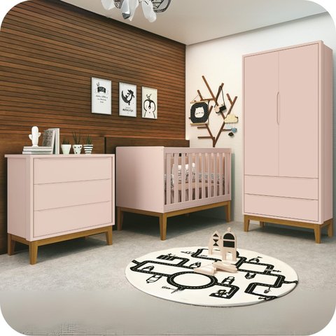 Quarto de Bebê Berço + Cômoda + Guarda Roupa Rosa Classic Pés em Madeira