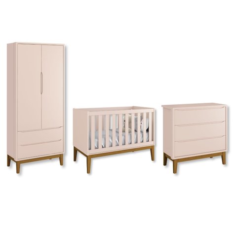 Quarto de Bebê Berço + Cômoda + Guarda Roupa Rosa Classic Pés em Madeira