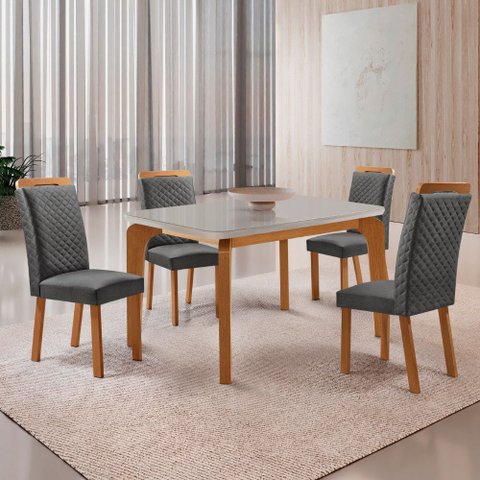 Mesa de Jantar Liz 120cm Tampo MDF Vidro Canto Copo com 4 Cadeiras Lorena