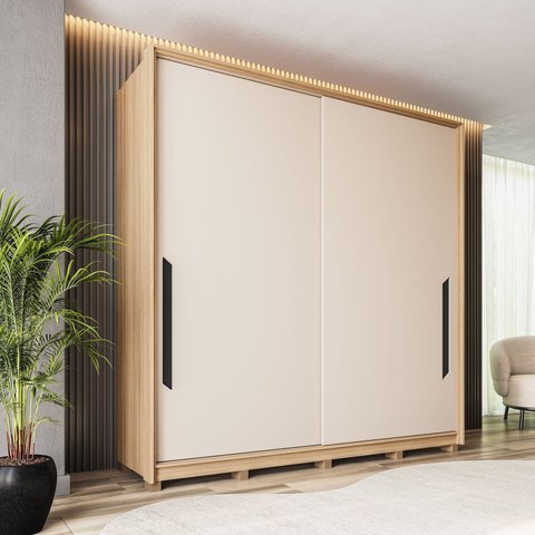 Guarda-Roupa Casal 2 Portas Correr 100% MDF Barcelona Marrom/Off White/Carvalho