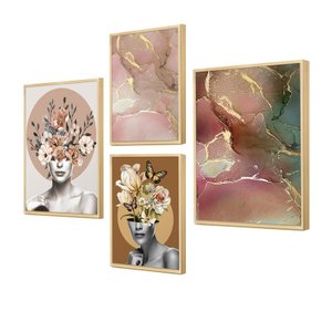Kit 4 Quadros Decoração Ambiente Sala com Moldura Caixa e Mulher Abstrato Moderno Colorido