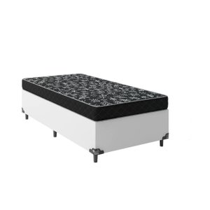 Cama Box Solteiro 88 Tecido Sintético Branco com Colchão Espuma D20 - Tampo Preto 12cm