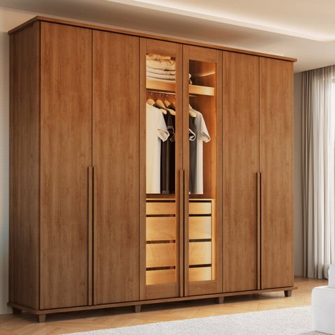 Guarda-Roupa Casal 6 Portas com LED e Vidro Reflecta 5 Gavetas Bélgica