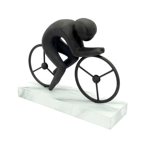 Escultura Metal Preto Base Madeira Ciclista 21x25 Cm Lucatti