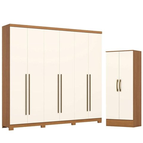 Guarda Roupa Casal 06 Portas 03 Gavetas New Jade D345 com Armário Multiuso Pime Cinamomo Off White -