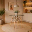 Ver imagem 1 de Mesa de Jantar e Sala Eames Eiffel Redonda Tampo de Vidro 90cm com Base de Madeira