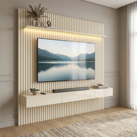 Rack com Painel Ripado para TV até 90 Polegadas em MDF com LED 250x228,8cm Branco Off White Nobre
