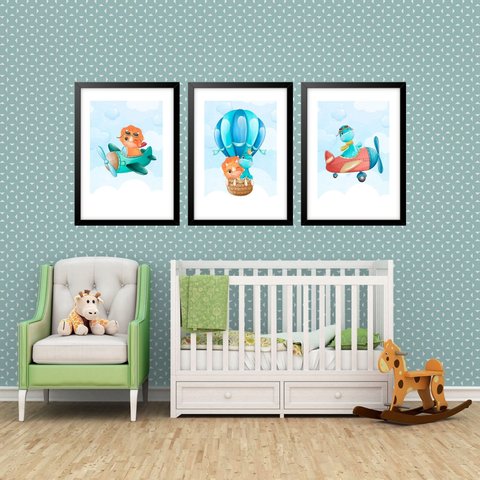 Kit 3 Quadros Grandes Quarto Infantil Esquadrilha Dino 60x48cm:moldura Branca