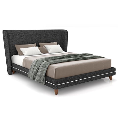 Cabeceira Queen Nilo 160cm com Cama Pés Madeira Suném P05 Linho Cinza Escuro Bouclê Cru - Lyam Decor