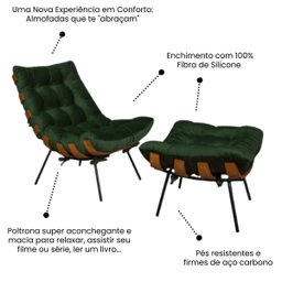 Poltrona Sala Estar Decorativa Costela de Adão com Puff Luxo:poltrona Costela Veludo Verde Musgo - 3