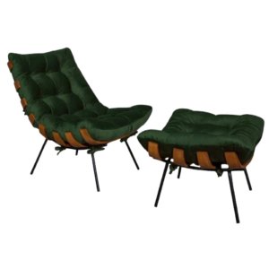 Poltrona Sala Estar Decorativa Costela de Adão com Puff Luxo:poltrona Costela Veludo Verde Musgo