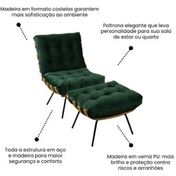 Poltrona Sala Estar Decorativa Costela de Adão com Puff Luxo:poltrona Costela Veludo Verde Musgo - 6