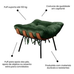 Poltrona Sala Estar Decorativa Costela de Adão com Puff Luxo:poltrona Costela Veludo Verde Musgo - 5