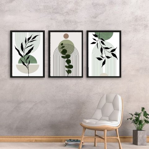 Kit 3 Quadros Estilo Boho Folhas Verdes 24x18cm:madeira Branca