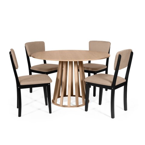 Mesa de Jantar Redonda Gabi Jade com 4 Cadeiras Estofadas Ella Preto/marrom Claro
