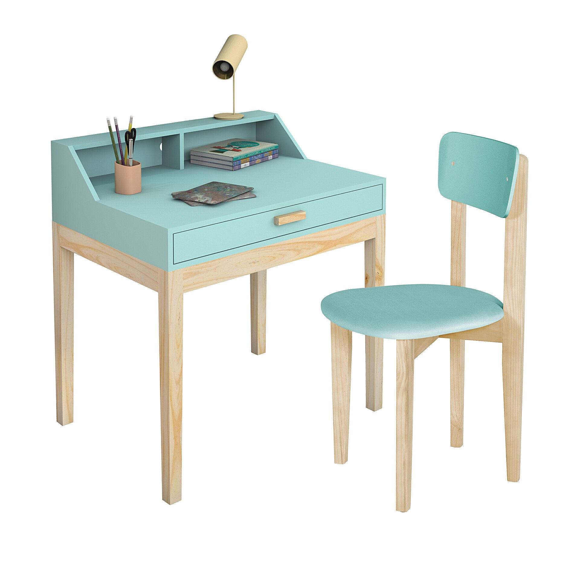 Escrivaninha Infantil com Cadeirinha Mdf com Pés de Madeira Rustica:menta