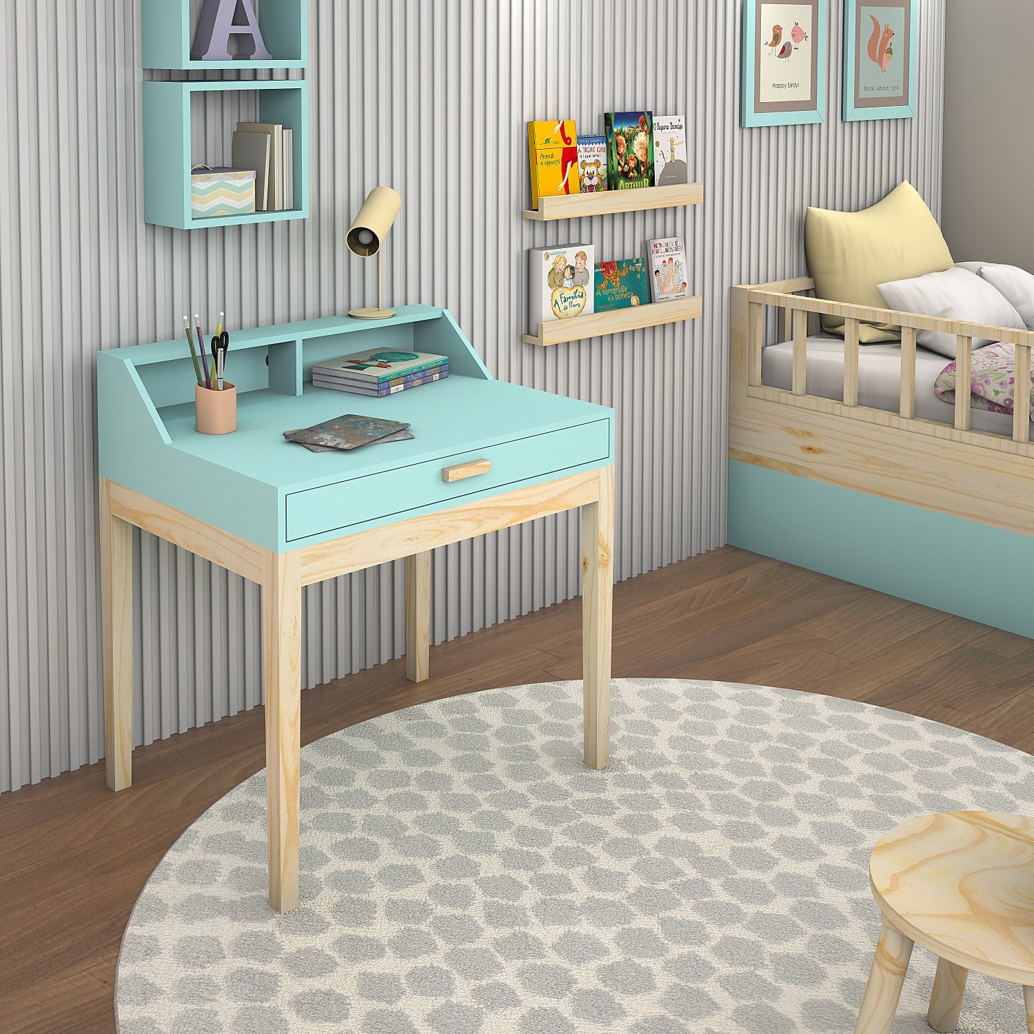 Escrivaninha Infantil com Cadeirinha Mdf com Pés de Madeira Rustica:menta - 2