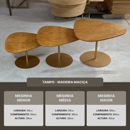 Kit de Mesas Centro Grande Dourada Estilo Industrial Moderno com Tampo de Madeira Maciça e Base Aço - 5