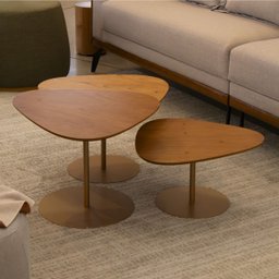 Kit de Mesas Centro Grande Dourada Estilo Industrial Moderno com Tampo de Madeira Maciça e Base Aço - 3