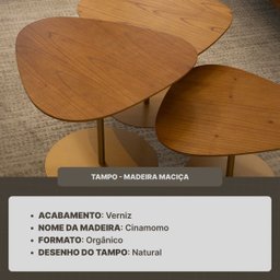 Kit de Mesas Centro Grande Dourada Estilo Industrial Moderno com Tampo de Madeira Maciça e Base Aço - 4