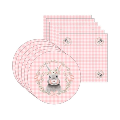 Kit Sousplat + Guardanapo Páscoa Rosa Xadrez - 6 Peças - com Base