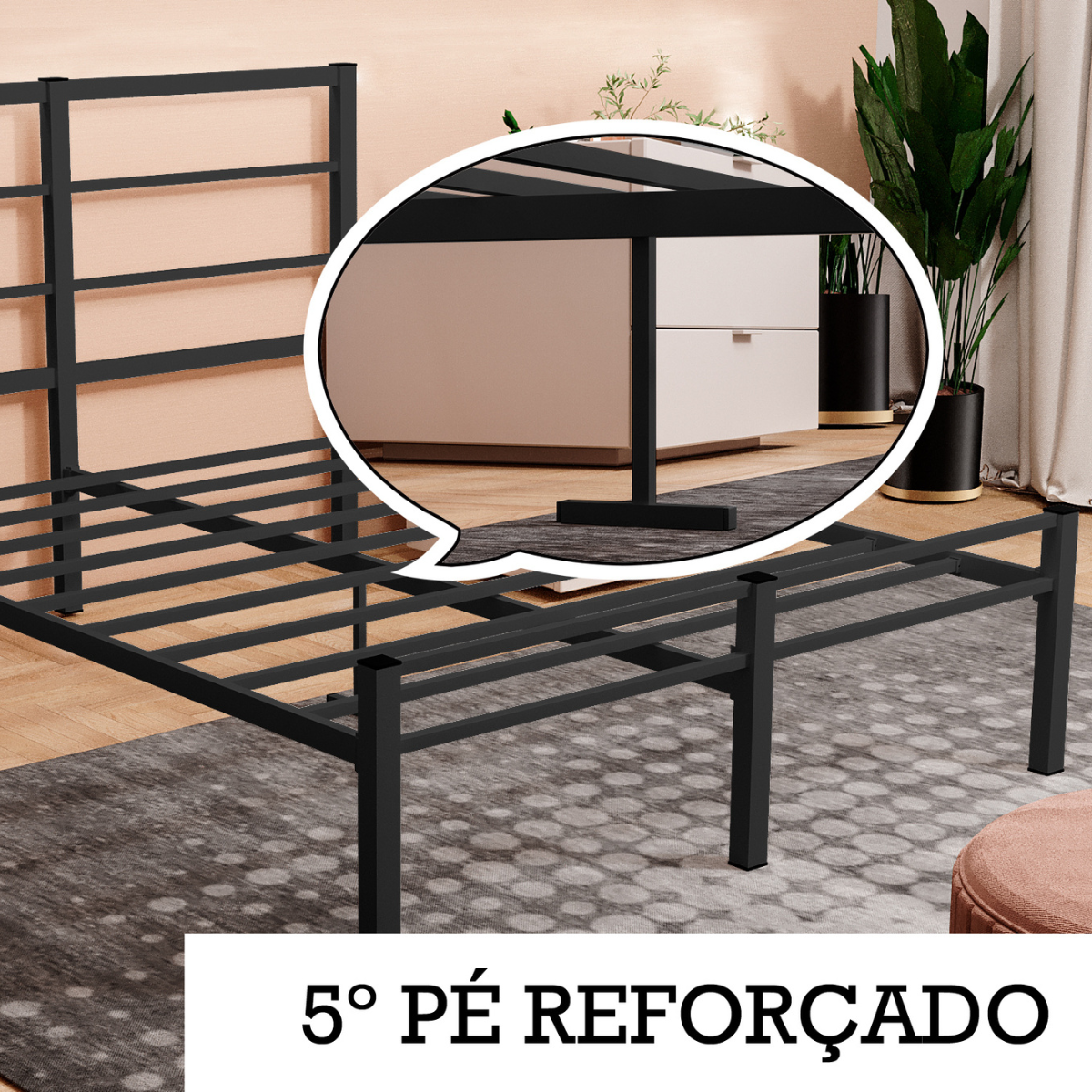 Cama de Casal Aço Tubular Pés Reforçados para Estabilidade:preto - 2