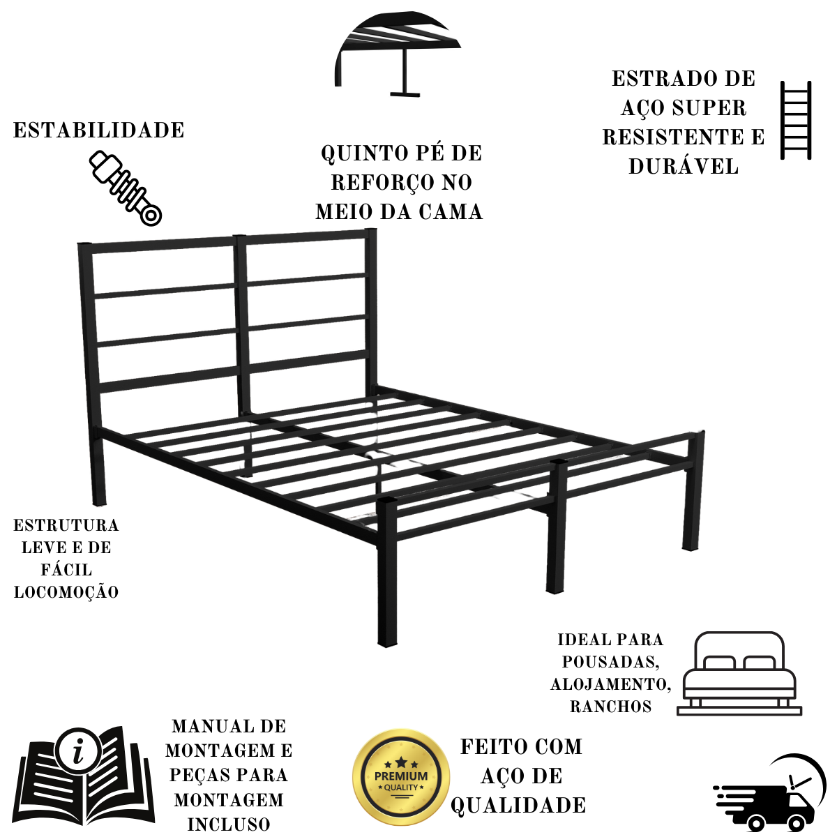 Cama de Casal Aço Tubular Pés Reforçados para Estabilidade:preto - 4