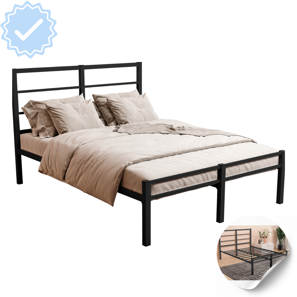 Cama de Casal Aço Tubular Pés Reforçados para Estabilidade:preto