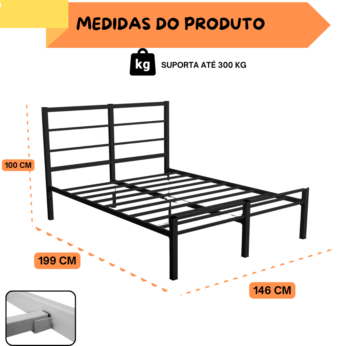 Cama de Casal Aço Tubular Pés Reforçados para Estabilidade:preto - 5