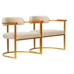 Kit 02 Poltronas Ohio Braço Madeira Linho Marfim Estrutura Dourado - 1