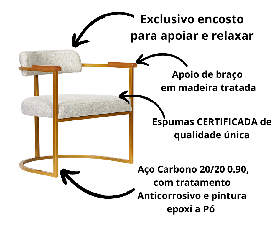 Kit 02 Poltronas Ohio Braço Madeira Linho Marfim Estrutura Dourado - 6