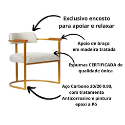 Kit 02 Poltronas Ohio Braço Madeira Linho Marfim Estrutura Dourado - 6