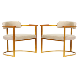 Kit 02 Poltronas Ohio Braço Madeira Linho Marfim Estrutura Dourado - 2
