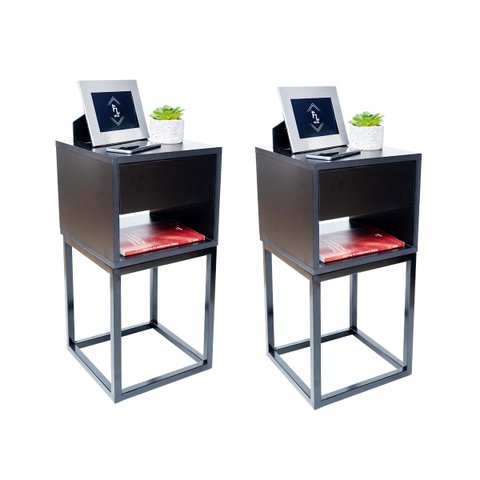Mesa de Cabeceira Industrial 30cm Preto Gaveta e Nicho Pés Ferro Preta para Quarto Cama