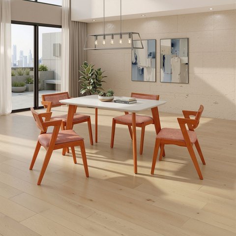 Conjunto Mesa e 4 Cadeiras Madeira Maciça, Tampo Off White e Assento Estofado Ímola