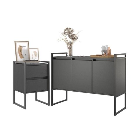 Buffet e Gaveteiro Conjunto de Escritório Industrial MDP Preto Onix Plata Móveis