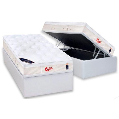 Cama Box Baú Solteiro: Colchão Molas Ensacadas Castor Pocket Gold Star Vitagel + Base CRC Courano Wh