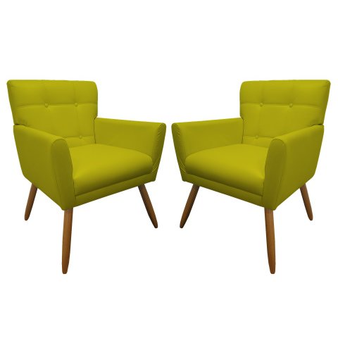 Kit 2 Poltronas Decorativa Onix Couro Amarelo Pés Madeira Mz Decor