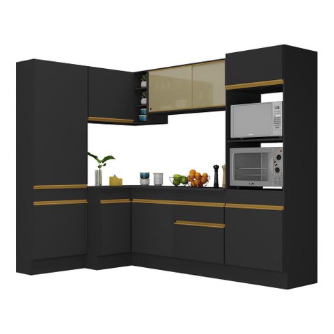 Armário de Cozinha Completa de Canto com Rodapé Veneza Multimóveis V2085 Preto/Dourado