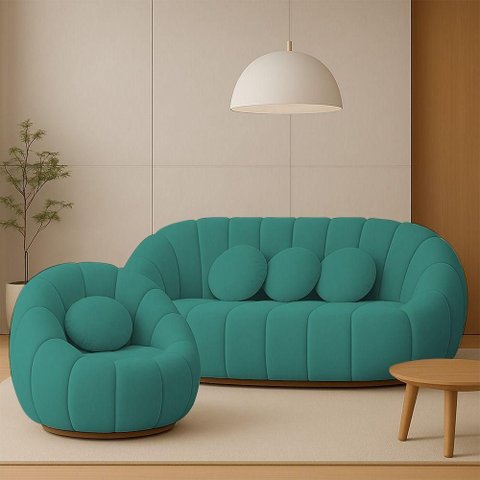 Sofá 2 Lugares com Poltrona Orgânica Fixa Cloud Bouclê E03 - D'Rossi Cor Azul Turquesa