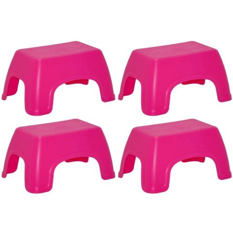 Jogo 4 Bancos Infantis Catty Tramontina em Plástico Decorado Banquinho Multiuso Atividades Rosa