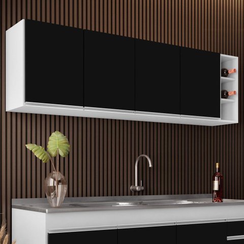 Armário Aéreo Nevada com Nicho 180cm 4 Portas Branco/Preto - Lumil Lumil Móveis