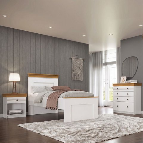 Conjunto Cama Solteiro Cômoda e Mesa de Cabeceira England MDF Branco/Freijó