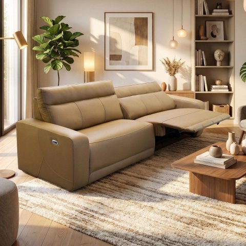Sofá 4 Lugares Retrátil Reclinável Elétrico 284cm Mazi L06 Couro Caramelo - Lyam Decor